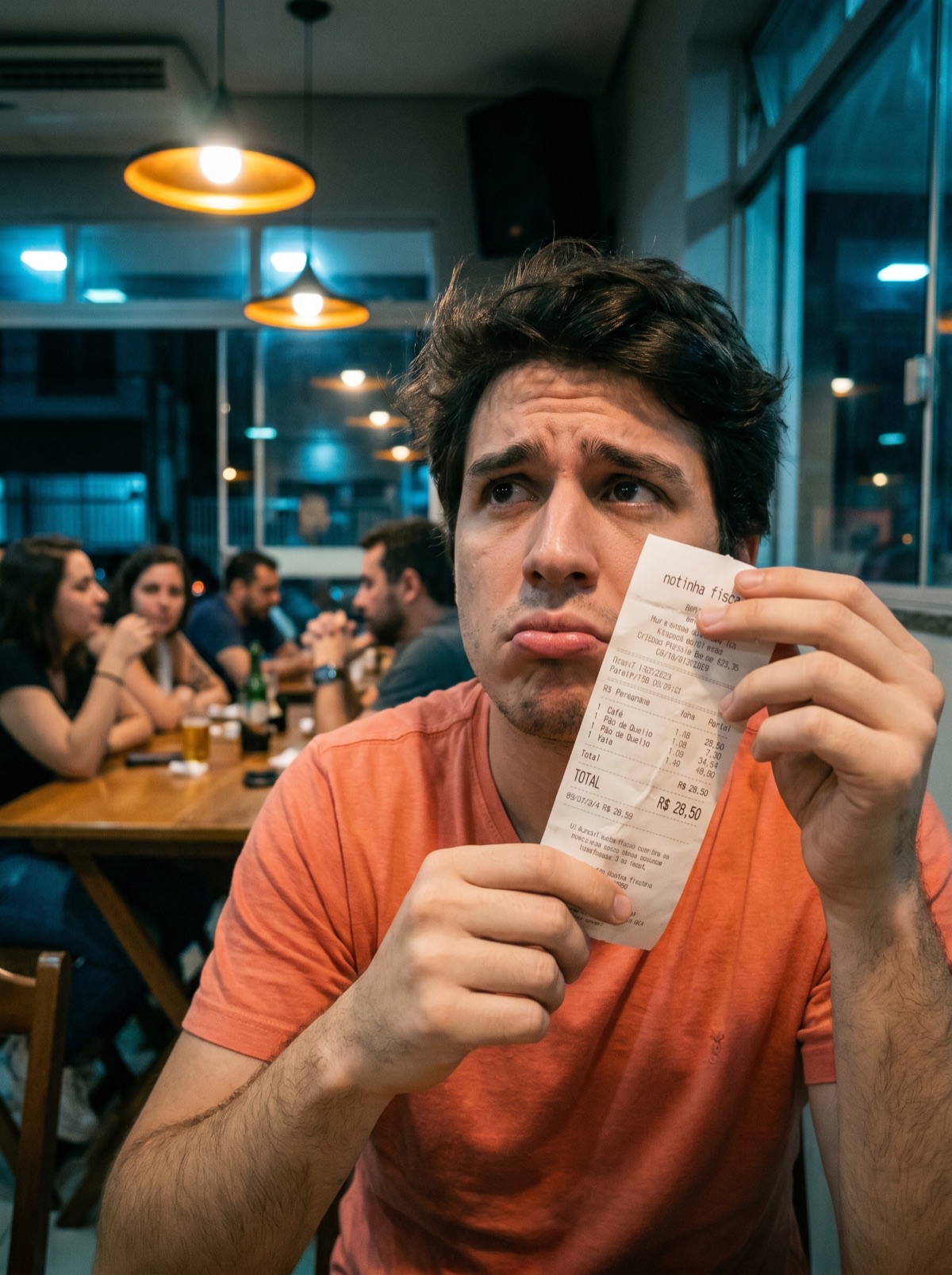 pessoa de camiseta coral segurando a nota do bar com cara de quem vai pagar a mais